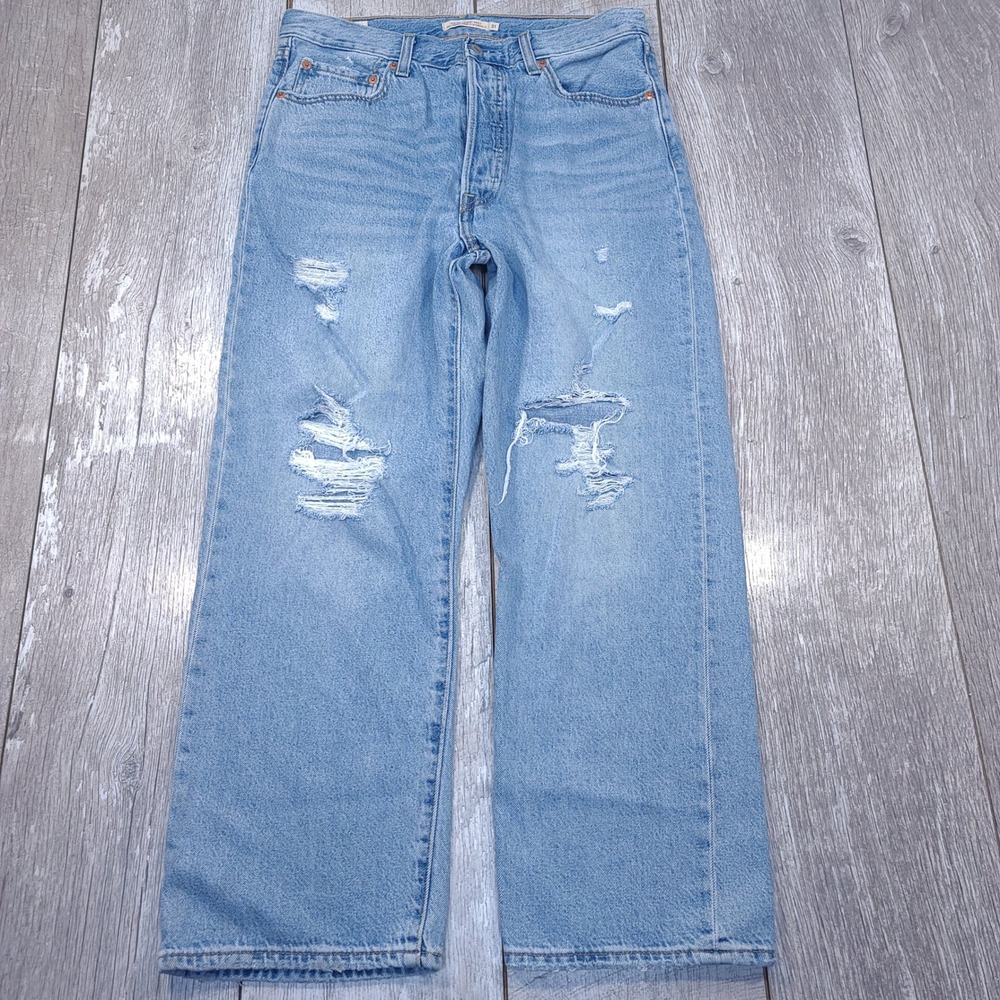 Levis Ribcage Straight Ankle Jeans Women 31 Blue Distressed High Rise Button Fly